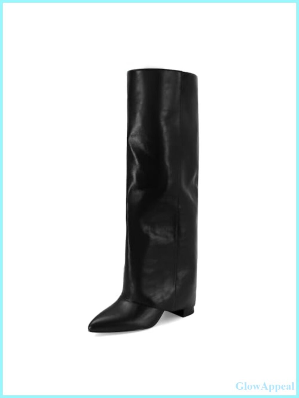 Faux Leather Knee High Boots Pointed Toe Chunky Heel Fold Over Women